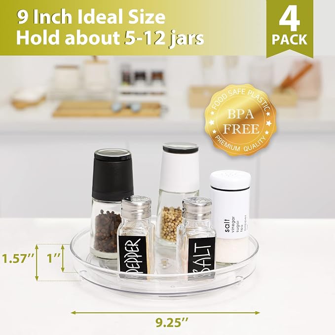 Guzon 4 Pack Lazy Susan Turntable, 9 Inch Rotating Organizer with Handles | Pantry Organizers and Storage, Clear BPA-Free Spice Rack for Cabinet, Kitchen, Refrigerator, Table Top, Pantry, Countertop - Image 3