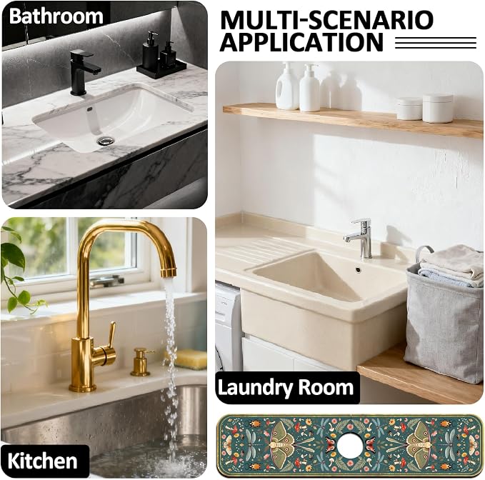 2 Pcs Kitchen Sink Splash Guard Faucet Mat Vintage Green Insects and Plants Faucet Mat for Sinks Absorbing Drying Mat for Kitchen Bathroom, 23.6x5.5inch - Image 7