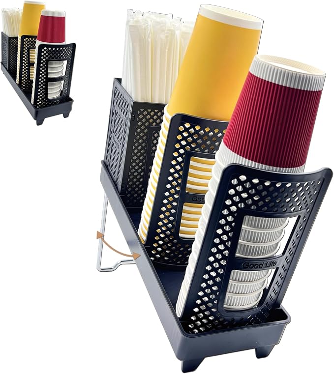 Coffee Cup Holder, Paper Cup and Lid Holder Dispenser with Straw Organizer,3-Slot Upright Disposable Plastic Coffee Cup Dispenser for Stations, Kitchens, Bars, Restaurants, Lounges (Black) by CITZCFYU