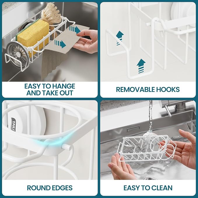 TAILI 4-in-1 Sponge Holder for Kitchen Sink with Strong Suction Cup-White | Removable Rustproof 304 Stainless Steel Multi-compartment Sponge Holder with Suction Cup, Keeps Brushes & Scrubbers Tidy - Image 5