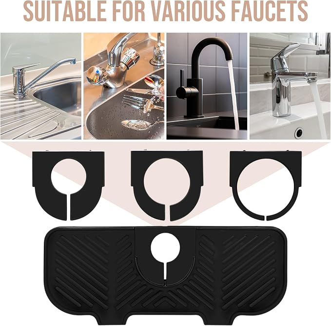 Teenyyou 2 Pcs Silicone Faucet Splash Guard 10.6 ” x 4.3” Kitchen Sink Splash Guard Faucet Mat for Kitchen Mat Catcher Black and Grey Sink Accessories for Bathroom - Image 3