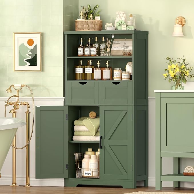 Bathroom Cabinet with Adjustable Shelf & 2 Drawers, Farmhouse Storage Cabinet with 2 Doors, Kitchen Storage Cabinets for Living Room, Entryway, Home Office, Forest Green - Image 2