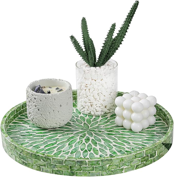 12.5" Lazy Susan for Table Top – Mother of Pearl Spinning Turntable Serving Tray, Marble Lazy Susan Organizer for Dining Table Centerpiece, Kitchen Island Decor, Bathroom Counter, Outdoor Use (Green) by TerrekraftMakeLuxuryTraysAffordable