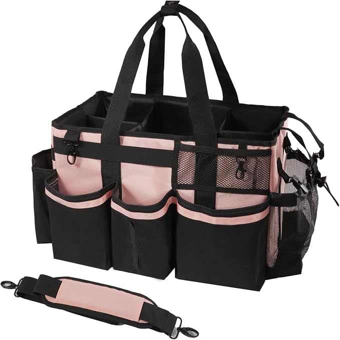 SCAVATA Wearable Cleaning Caddy, Cleaning Caddy Supplies Organizer with Handle & Shoulder Straps for Housekeepers, Under Sink & Car Cleaning Tool Organizers Bag with 4 Foldable Divider (Pink) by Tidyyourlife