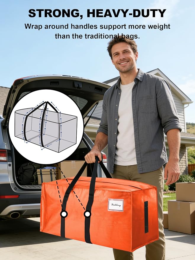 HOMESURE Supports 200lbs Heavy Duty Moving Bags - Strong Zipper & Wrap-Around Handles - Water-Resistant Storage Totes, Durable Alternative to Moving Boxes - 40 Pack - Orange - Image 2