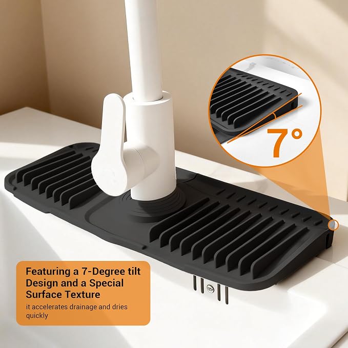 ZJWZLG Faucet Mat for Kitchen Sink, 14"X5.5" Silicone Sink Splash Guard , Snap-On Design & 7°slope Fast Drain, Folding Sink Faucet Mat for Universal Kitchen Bathroom Sink(Black) - Image 4