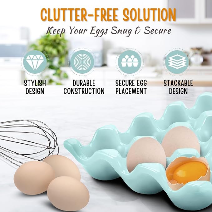 Flexzion 12 Cups Ceramic Egg Holder for Fridge - Dozen Ceramic Egg Tray Porcelain Container Storage Organizer Decorative Serving Stand Serveware for Refrigerator Countertop Display (Blue, 2 Pack) - Image 4