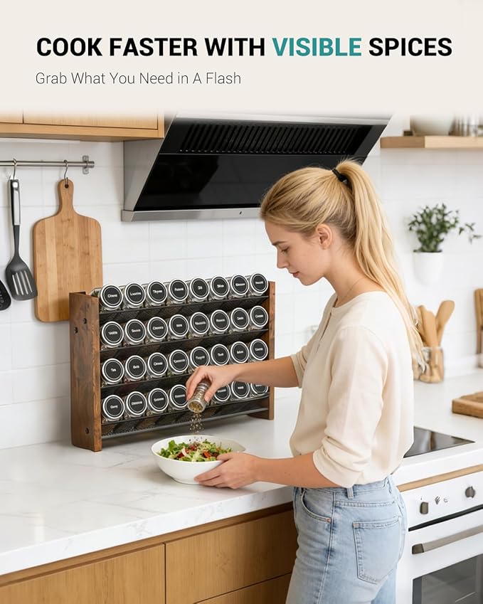 Spice Rack Organizer for Cabinet, Wood Countertop Shelf, No Jars Included | Holds 32 Standard 4 oz Jars, Fits Jars Under 1.8 in Wide, 4-Tier Kitchen Seasoning Organizer, Wall Mount, 15.7" W x 10.3" H - Image 5
