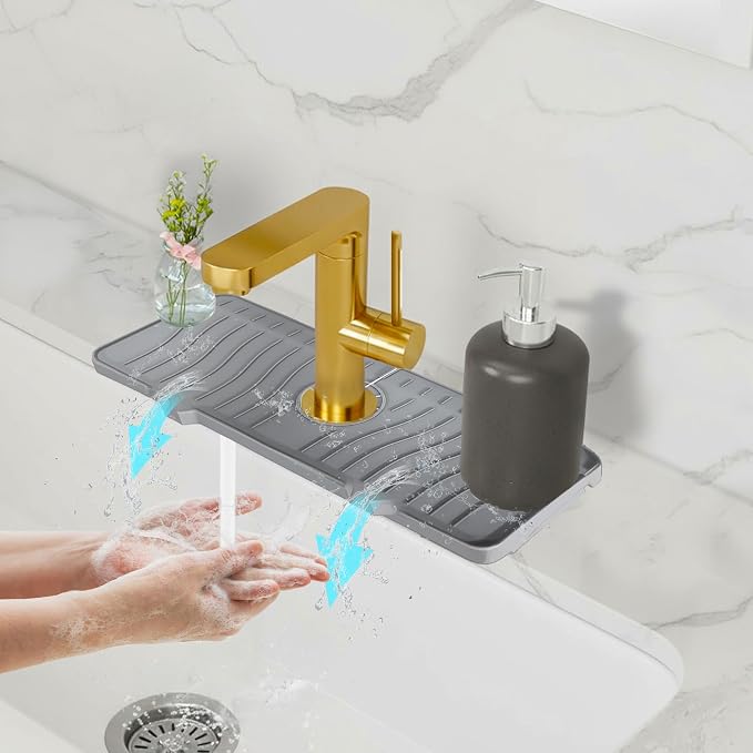 Odrago Silicone Faucet Mat (14"x5.70"x0.59"), Bathroom, Countertop and Kitchen Sink Splash Guard, Anti-Slip Faucet Drip Catcher Tray, 90-Degree Foldable Edge, Sloped Design for Fast Drying, Grey by OdragoKitchen