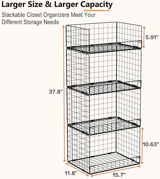 4 Tier Stackable Closet Organizers and Storage Shelves, Foldable Closet Shelf Organizer System, Stackable Storage Bins Drawers for Clothes Organizer System, Black（Patent No. 30022416） - Image 3