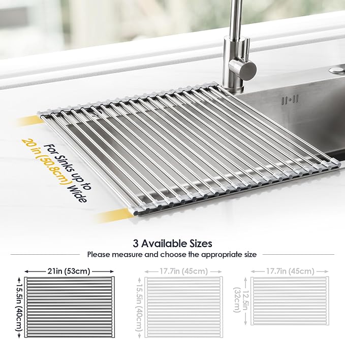 Tomorotec Roll Up Dish Drying Rack Over Sink, 304 Steel, 21x15.5, Marble | Anti-Slip Silicone Rims For Grip, Heat-Resistant Trivet Mat Holding Heavy Cookware, Rustproof Kitchen Counter Space Saver - Image 4