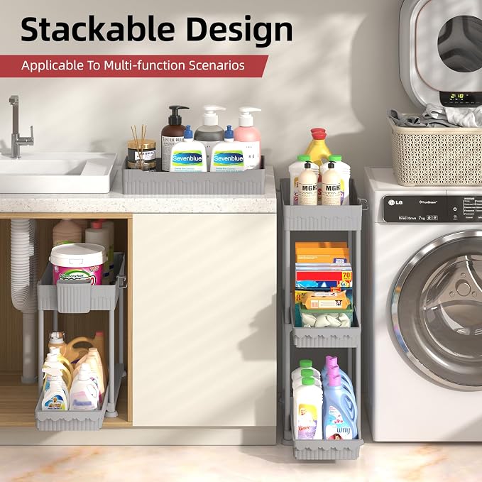 4-Pack 2-Tier Under Sink Organizer with Pull Out Drawers | Multi-use kitchen & bathroom storage. Includes hanging hooks and cups. Gray, space-saving cabinet design. 12.8 Inch - Image 5