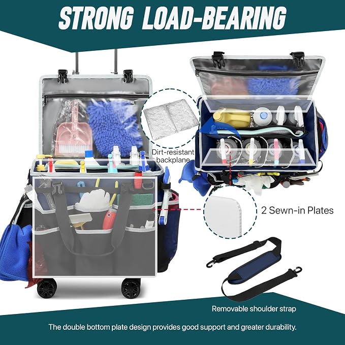 Large Rolling Cleaning Caddy Bag with Detachable Trolley, Full Support Plates for Professional Cleaning Supplies Bag, Organizer Bag with 4 Universal Wheels for Housekeepers, Car Wash (Blue) - Image 2