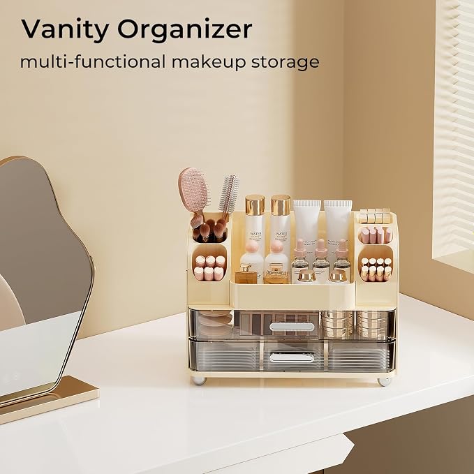 UFORU Makeup Organizer Countertop with 2 Large Drawers for Vanity Bathroom | Brush Holder, Large Capacity, Thickened Plastic, Compact Footprint, Space-Saving Design, Easy Clean, Ideal for Dorm Rooms - Image 7
