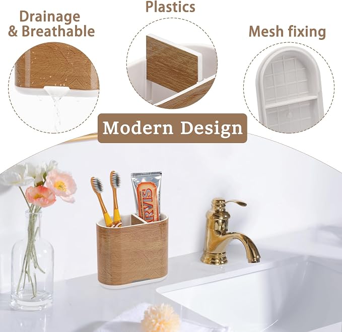 Toothbrush Holders Toothpaste Organizer for Bathrooms, Wood Grain | 2 Slots, Easy to Clean, Plastic, Kids Electric Toothbrush, Drainage, Removable, For Bathroom, Vanity, Kitchen Sink, Office - Image 2