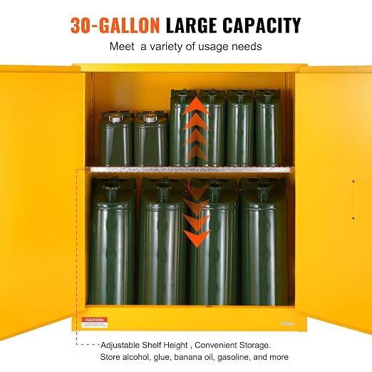 VEVOR Flammable Cabinet 18" x 43" x 50", Cold-Rolled Steel Flammable Liquid Storage Cabinet 34 Gal with 2 Adjustable Shelves/2 Manual Closing Doors for Industrial Use, Yellow | For Industrial Use, Cold-Rolled Steel, 34 Gal, with 2 Adjustable Shelves, 2... - Image 6