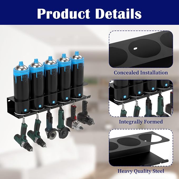 4 Pack Heavy-Duty Aerosol Spray Can Holder with Pneumatic Tool Holder – Wall-Mounted Garage Organizer, Holds 20 Cans & 24 Air Tools, Metal, Black - Image 3