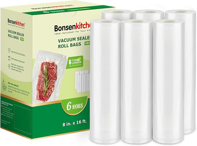 Bonsenkitchen 6 Rolls 8" x 16' Vacuum Sealer Bags for Food with a Color Box | Commercial Grade, Food Storage or Sous Vide, Puncture Resistant Heavy Duty Design, BPA Free Food Grade Safe Material, VB20 by Bonsenkitchen