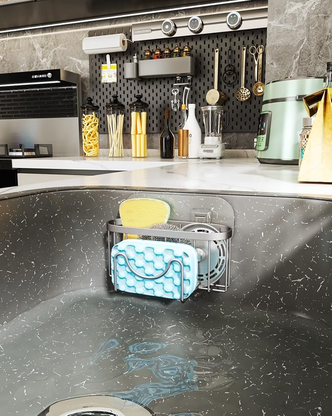 HapiRm Multifunctional Kitchen Sponge Holder with Unique M-Shaped, 2 Installation Ways Sink Caddy, Stainless Steel Kitchen Organizer for Sponge, Brush, Sink Stopper and Scraper -Brushed Nickel - Image 6