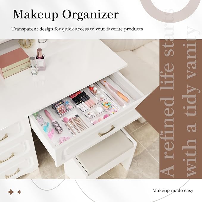 11 PCS Clear Plastic Drawer Organizer Set - 5 Large Size Versatile Kitchen and Bathroom Organizer Trays, Non-Slip Storage Bins for Makeup, Utensils, Tool and Office Desk - Image 5