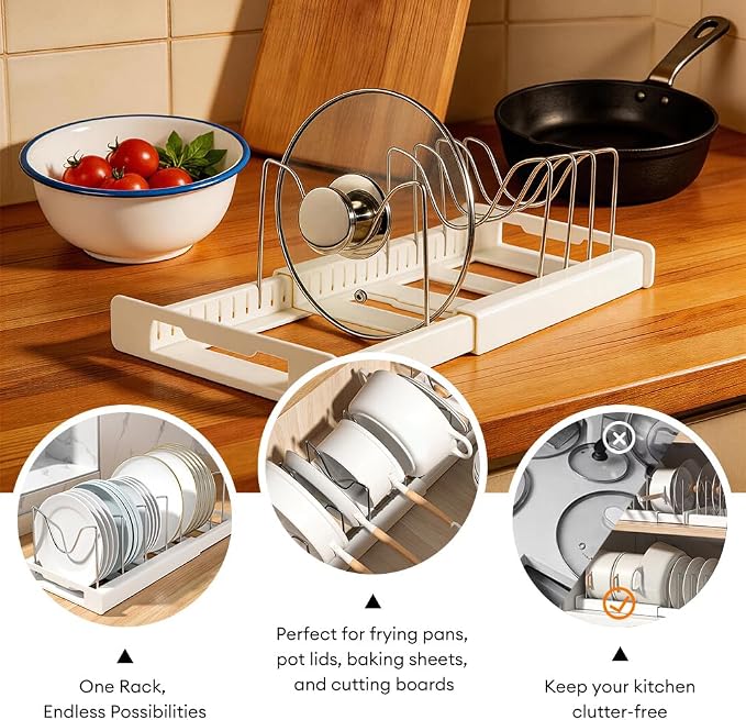 Pot Lids Organizer Rack for Cabinet and Countertop - 7+ Pan Lids and Bakeware Organizer Rack Holder, Expandable 12" to 22" with 7 Dividers, Base for Lids, Bakeware, Cookware Storage, Grey - Image 2