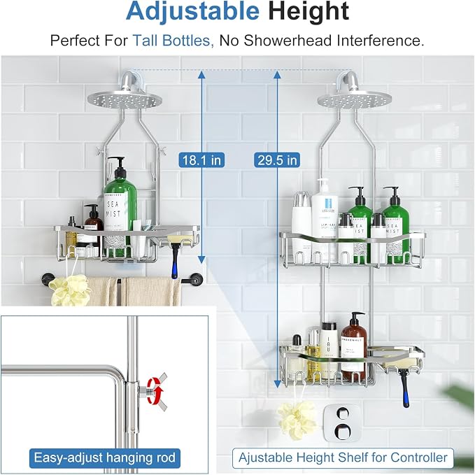 Upgraded Extended Length Shower Organizer with Hooks, Rustproof Shampoo Soap Holder, Large Hanging Bathroom Caddy, Silver - Image 3