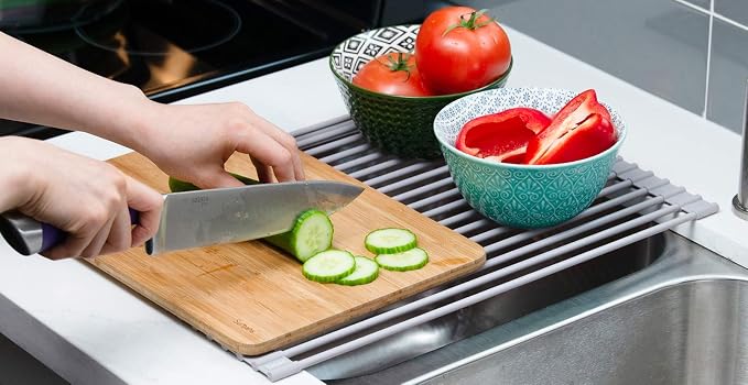 20.5 x 13.1 Inch Roll-Up Dish Drying Rack, Fits Across Sink Openings up to 19.5 Inches, Heavy-Duty Premium Silicone, Strong Support, Non-Slip, Heat-Resistant, Warm Gray - Image 6