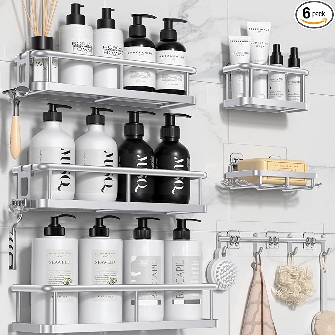 Shower Caddy Adhesive, Rustproof Shower Organizer with Soap Holder, Large Capacity Shower Shelves for Inside Shower, No Drilling Bathroom Organizers and Storage for Home Decor（6 Pack Silver） by YASONIC