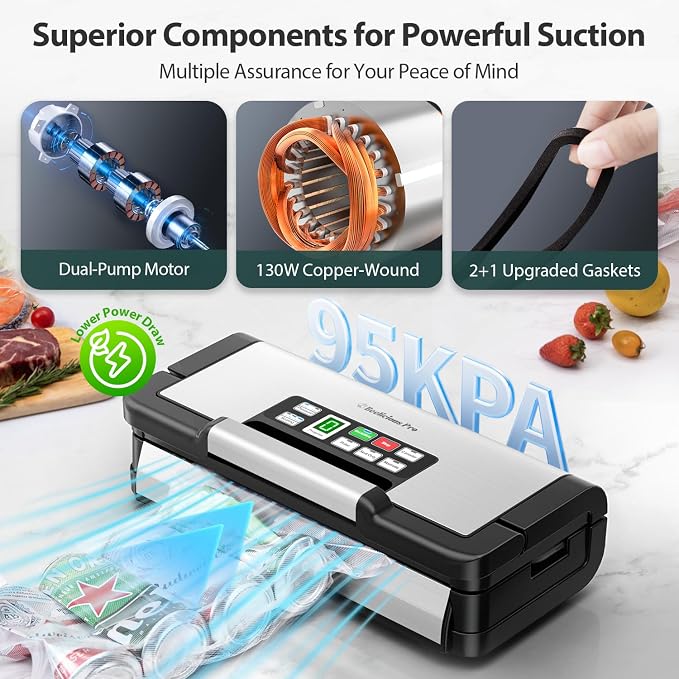 95kPa Vacuum Sealer Machine with AquaLock Technology, Dual-Pump Automatic Food Sealer for Dry & Moist Foods, Double Heat Seal, Built-in Cutter, Bag Storage & Accessory Hose,2 Bag Rolls,Stainless Steel - Image 4