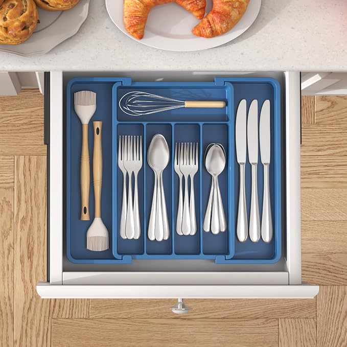 Lifewit Silverware Drawer Organizer, Expandable Utensil Tray for Kitchen, BPA Free Flatware and Cutlery Holder, Adjustable Plastic Storage for Spoons Forks Knives, 8.5"-14.1" x 12.1", Dark Blue - Image 8