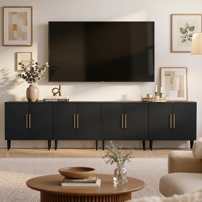 Set of 4 Black Storage Cabinet with Doors, Modern Accent Cabinet, Free Standing Cabinet with Adjustable Shelf, Wooden Buffet Sideboards for Living Room, Kitchen, Dining Room, Entryway by REHOOPEX