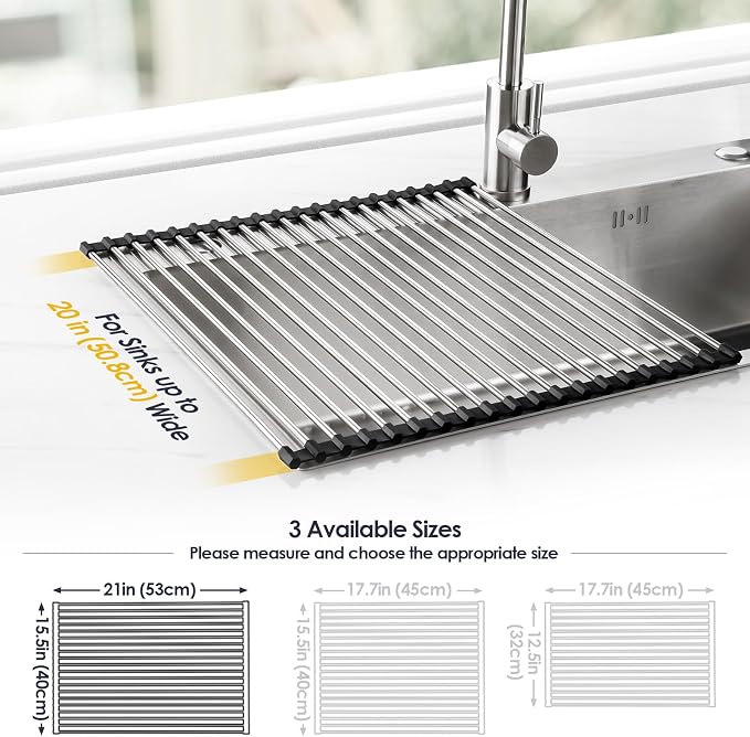 Tomorotec Roll Up Dish Drying Rack Over Sink, 304 Steel, 21x15.5, Black | Anti-Slip Silicone Rims For Grip, Heat-Resistant Trivet Mat Holding Heavy Cookware, Rustproof Kitchen Counter Space Saver - Image 4