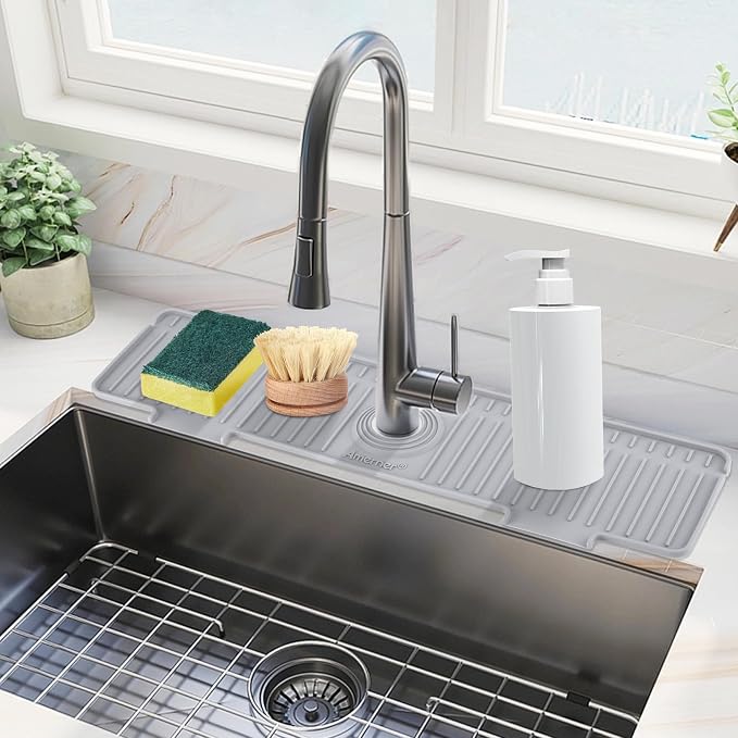 Amerner 20 inch Kitchen Sink Splash Guard, 10° Large Slope & Adaptable Hole Faucet Mat for Kitchen Sink, Silicone Sink Organizer Sponge Holder for Kitchen, Bathroom, RV, Bar, 20” x 5.5”, Gray by Amerner