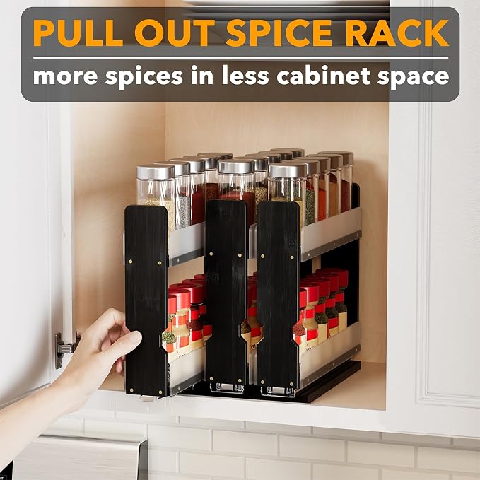 SpaceAid Bamboo Pull Out Spice Rack Organizer for Cabinet, Heavy Duty Slide Out Seasoning Kitchen Pantry Sliding Vertical Organization, 7.6" Wide, 3 Drawers(2" Wide), 2-Tier, Black - Image 5