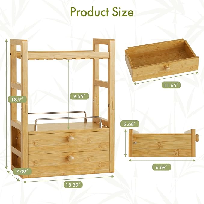 AmazerBath Bamboo Bathroom Counter Organizer, 2-Tier Makeup Organizer with 2 Drawers, Vanity Organizer Storage Coffee Matcha Station, Compact Shelf for Bathroom Kitchen Office Countertop - Image 3