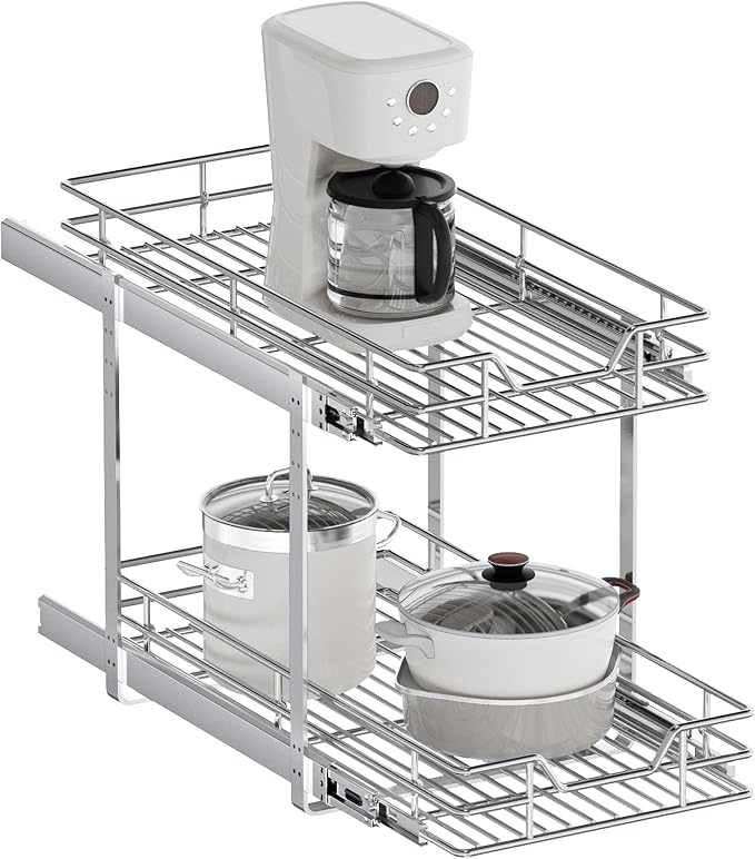 2-Tier Pull Out Cabinet Organizer, 11.5" W x 21.5" D, Heavy Duty Dual Slide Out Shelves for Narrow Base Cabinets, Chrome Wire Basket Drawer for Spices, Bottles & Snacks by Unknown