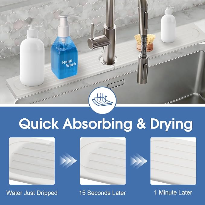 Drying Stone Faucet Mat for Kitchen Sink, 23.9 Inch Long Kitchen Sink Splash Guard Behind Faucet, Stone Drying Tray, Ultra Fast Absorbing Mat Diatomaceous Earth, Pure white - Image 5