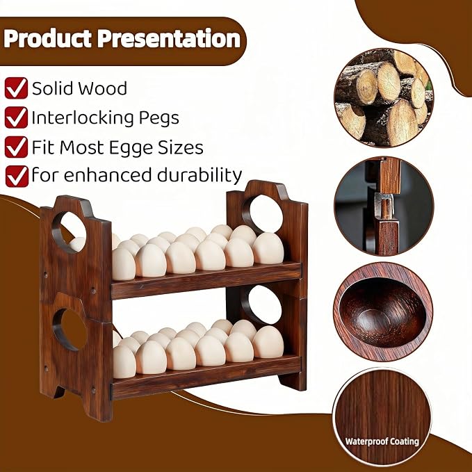 Wooden Egg Holder for Countertop,Holds 36 Eggs,2-Tier Farmhouse Egg Organizer for Fresh Eggs,Stackable Egg Storage Rack for Kitchen - Image 3