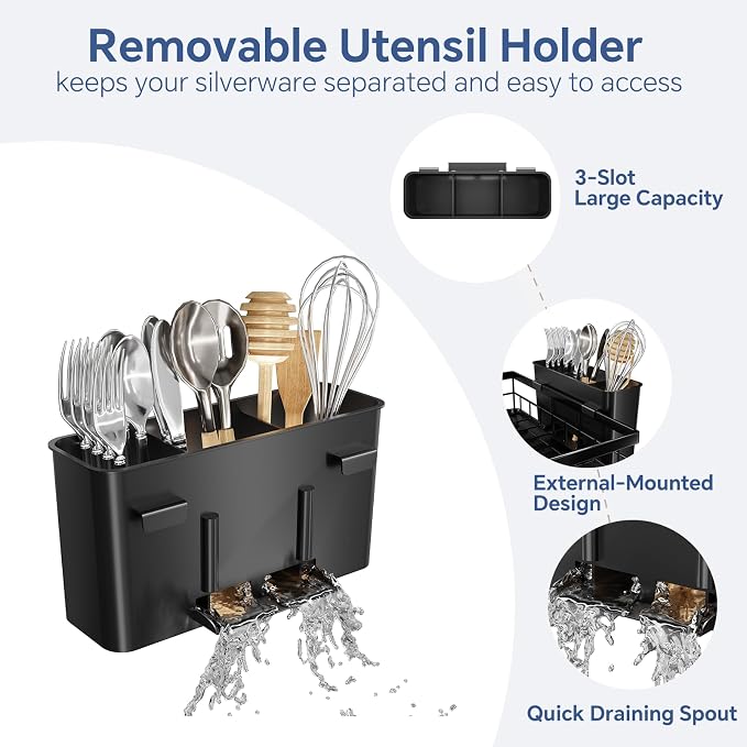 Simple Trending Dish Drying Rack, 2-Tier with Utensil Holder, Black | Stainless Steel Dish Rack for Kitchen Counter, Large Capacity Dish Drainer Organizer, Automatic Drainage, 17"D x 12"W x 15"H - Image 5