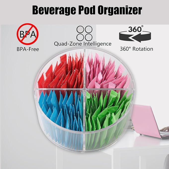 360° Spinning Drink Packet Organizer, Clear BPA-Free Plastic 4-Section Clear Storage for Coffee, Sugar & Drink Mixes | Stackable Kitchen & Pantry Container - Image 4