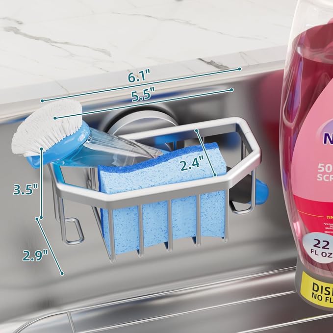 TAILI Sink Caddy with Strong Suction Cup, Sponge Holder for Sink-Silver | for Kitchen Sink Organizer, Removable Sponge Caddy Inside Sink, Rustproof Aluminum Holder for Sponges, Brushes, Scrubber - Image 3