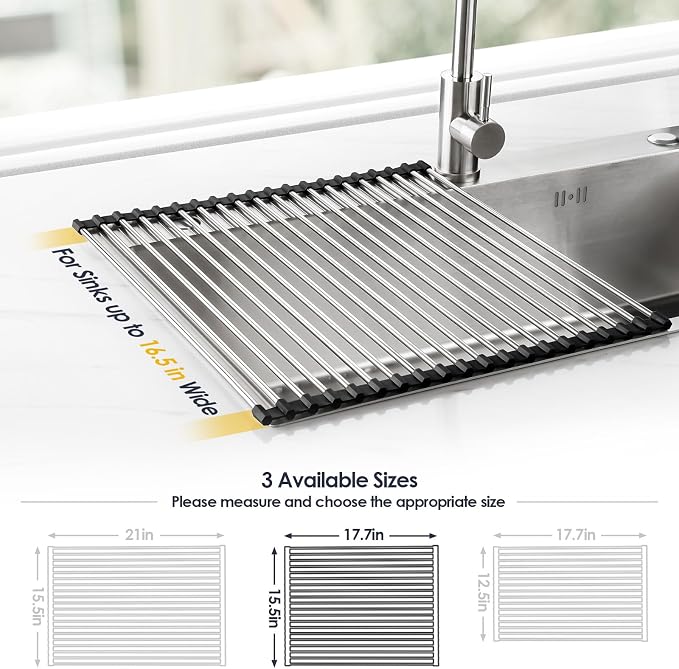 Tomorotec Roll Up Dish Drying Rack Over Sink, 304 Steel, 17.7x15.5, Black | Anti-Slip Silicone Rims For Grip, Heat-Resistant Trivet Mat Holding Heavy Cookware, Rustproof Kitchen Counter Space Saver - Image 4