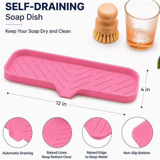 MicoYang Silicone Soap Dish with Drain Spout — Self-Draining Double Sink Organizer Tray for Kitchen & Bathroom, Dispensers, Sponges & Soap Holder, Non-Slip & Dishwasher Safe, Rose (Large, 12"×4") - Image 2