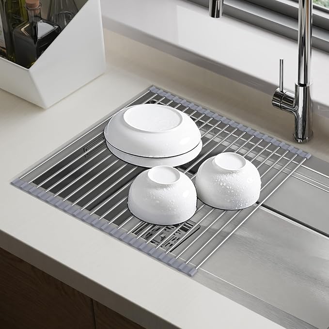Dish Drying Rack Over The Sink with Roll Up for Kitchen,16.9''x15.7'',Gray - Image 2