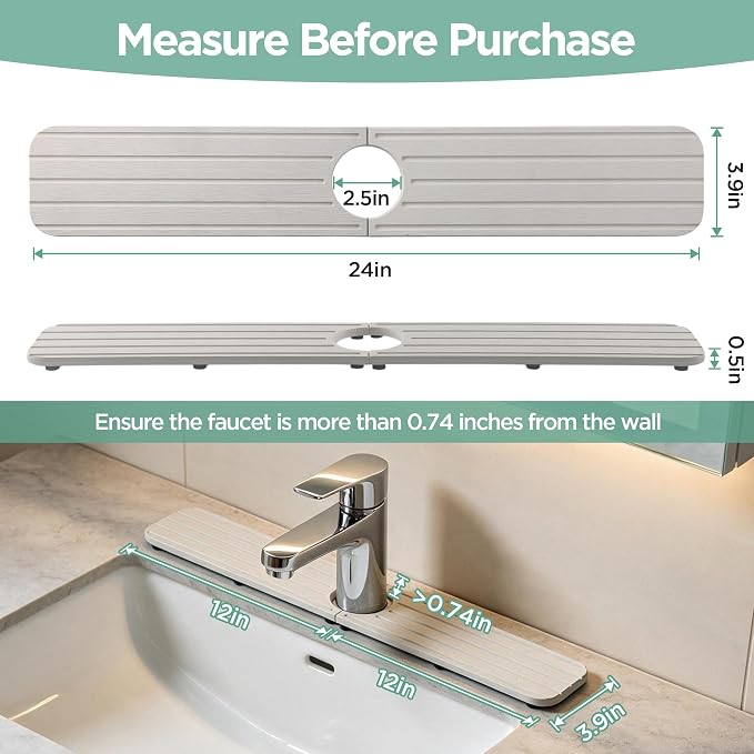NiuYichee Faucet Mat for Kitchen Sink, Water Absorbing Diatomite Stone Tray | 23.6" x 3.9" Sink Coaster for Bathroom Counter, Stone Drying Mat, Sink Splash Guard, Fast Drying-Prevent Moisture, Dark Gray - Image 2