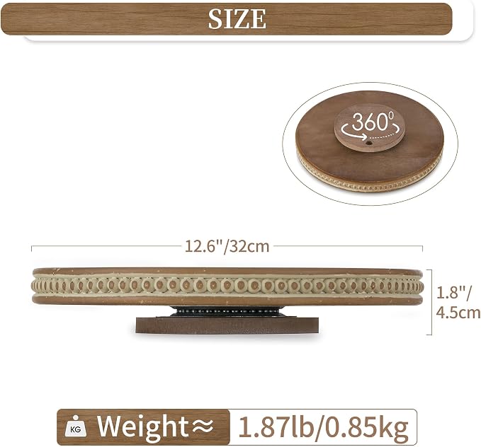 Hanobe Lazy Susan Centerpiece Tray, Round Wooden Turntable Organizer, Brown | 12" Home Decor with Beaded, for Dining Table Kitchen Counter Coffee Table - Image 4