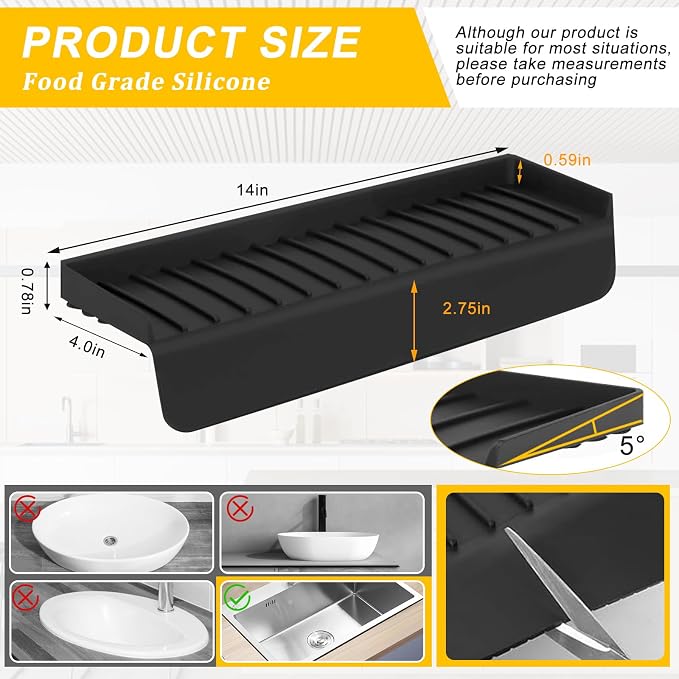 Silicone Sink Edge Protectors - Multifunction Accessories, Splash Guard & Draining Mat for Kitchen, Bathroom Sink, Steel, Granite, Quartz Countertops (Black, 4 * 14in) - Image 3