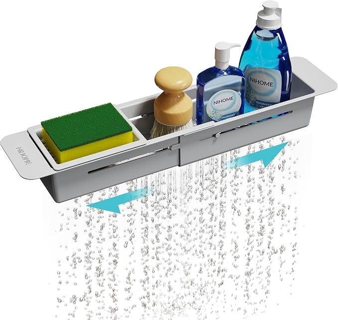 NiHome Extendable Kitchen Sink Caddy, Small Brush Sponge Storage Holder | Expandable Kitchen In Sink Organizer for Brush & Sponge with Drainage, Adjustable Length, Non-Slip Pads, Durable ABS (Gray) by NiHome