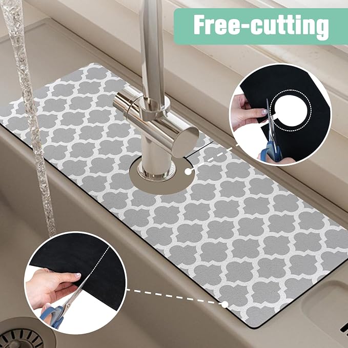 2 Pack Kitchen Sink Splash Guard Faucet Mat 24" X 5.5" Geometry Absorbent Fast Drying Mat Faucet Draining Mat Sink Splash Guard Behind Faucet Drip Catcher for Kitchen Bathroom - Image 6