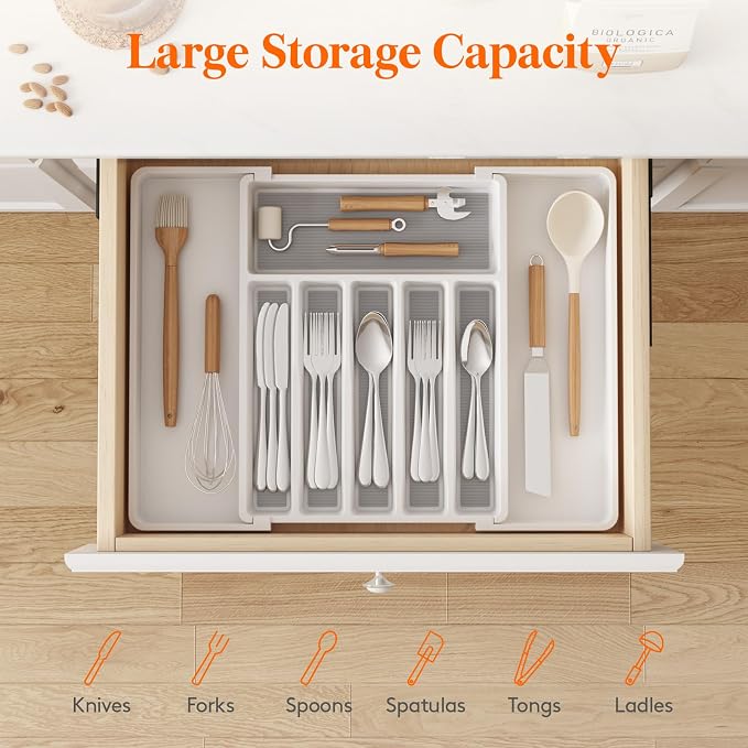 Lifewit Extra Large Silverware Drawer Organizer, Expandable Utensil Tray | BPA Free Flatware Cutlery Holder for Kitchen, Adjustable Plastic Storage for Spoons Forks Knives, 13-22.4 x 16.7, White Gray - Image 5